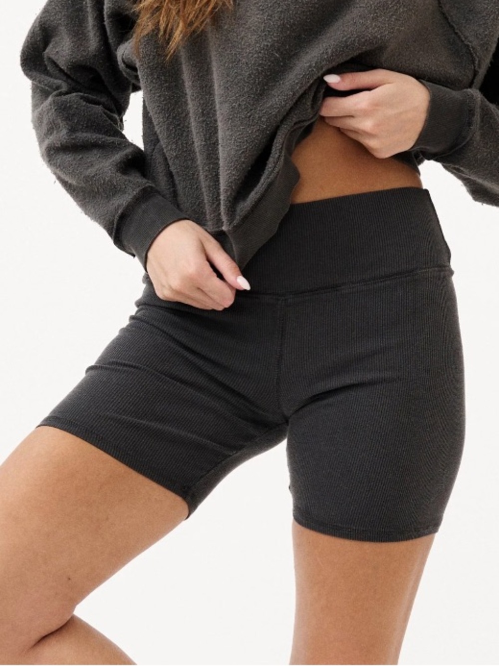 High-Waist Ribbed Bike Shorts - Charcoal